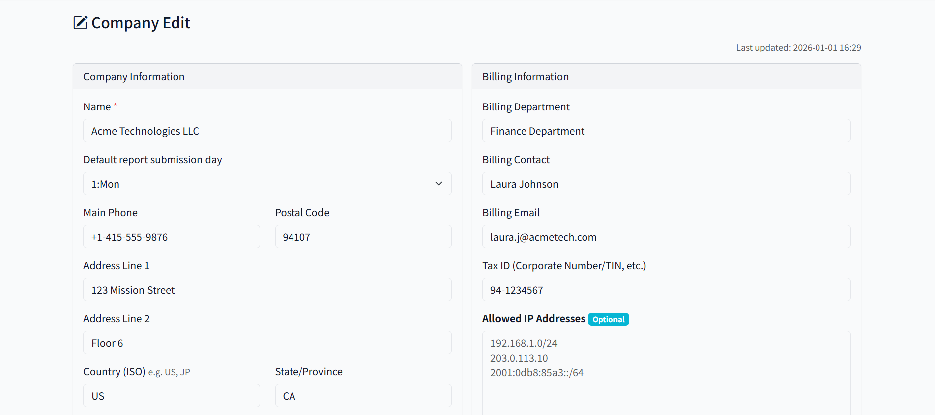 Company Edit - Form with all fields