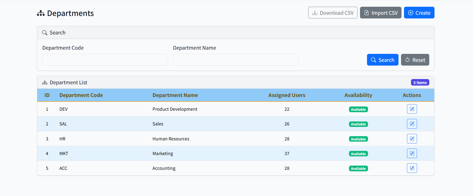 Department List - CSV import and manual creation options