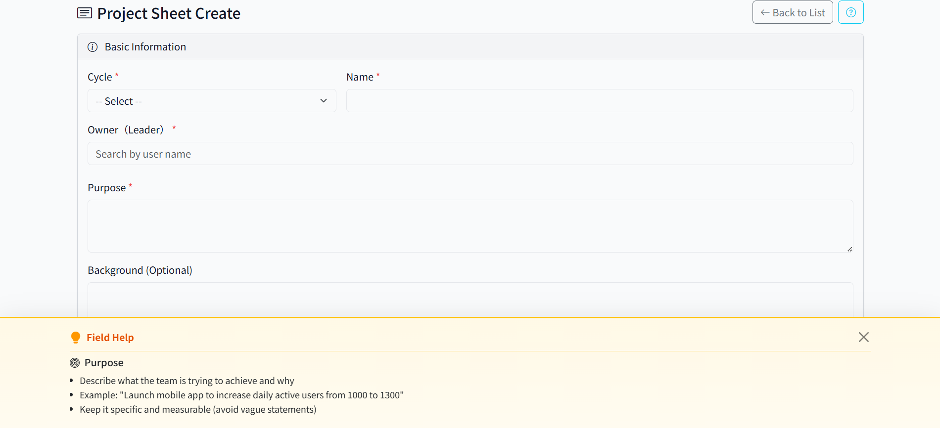 Project Create - Inline help for purpose field