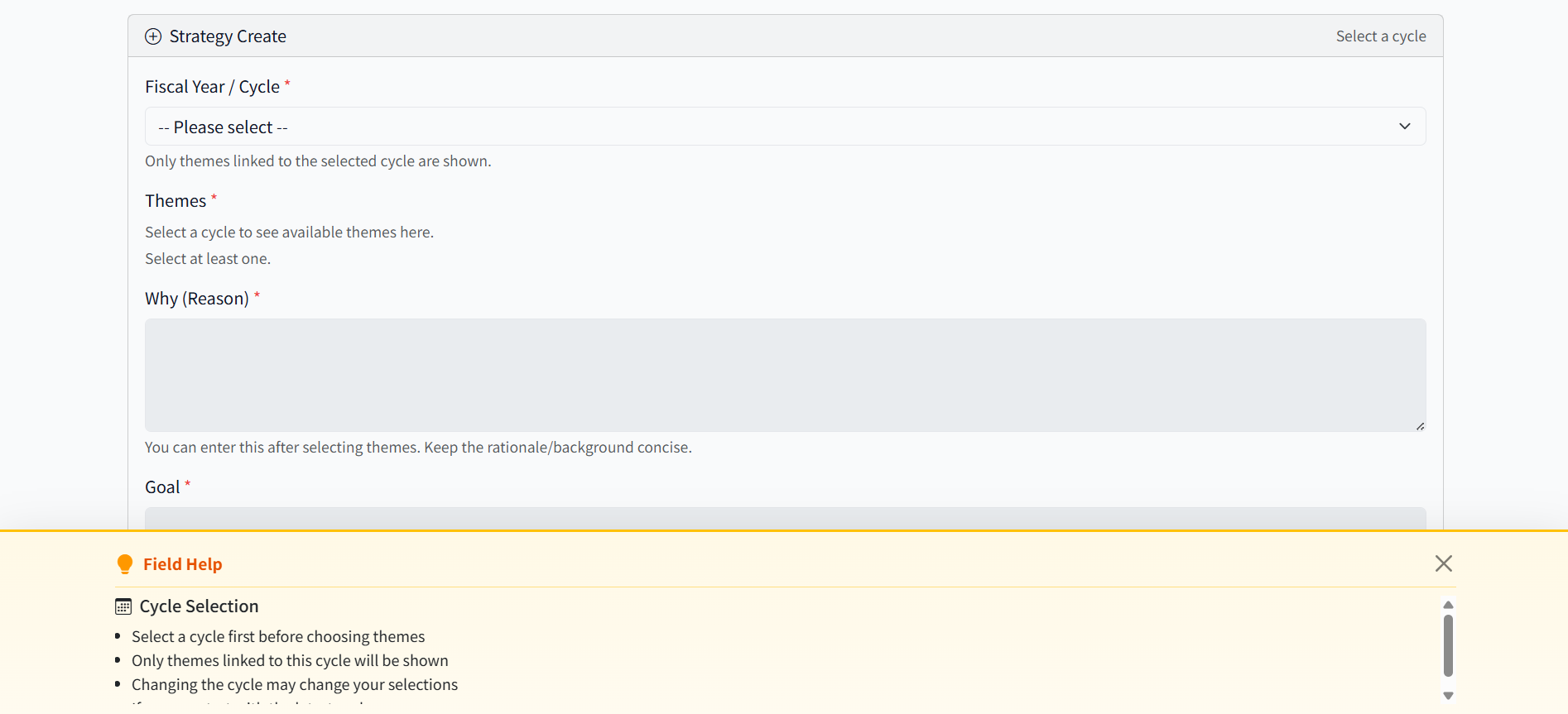 Strategy Create - Inline help for cycle selection