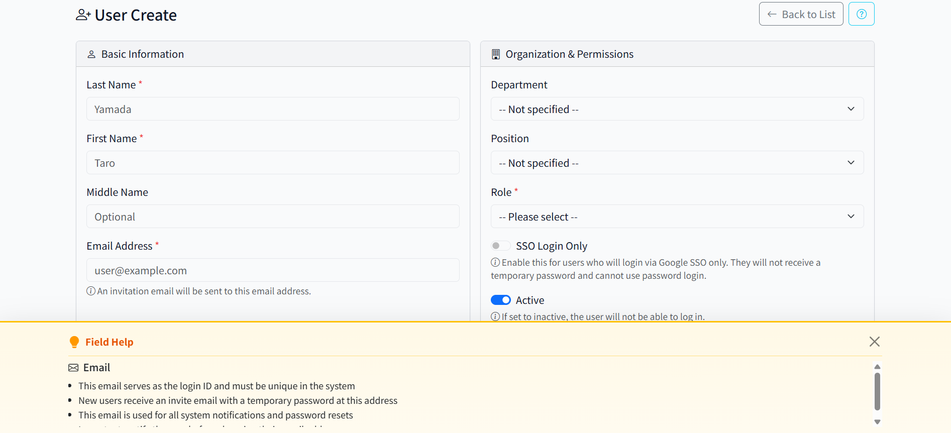 User Create - Inline help for email field
