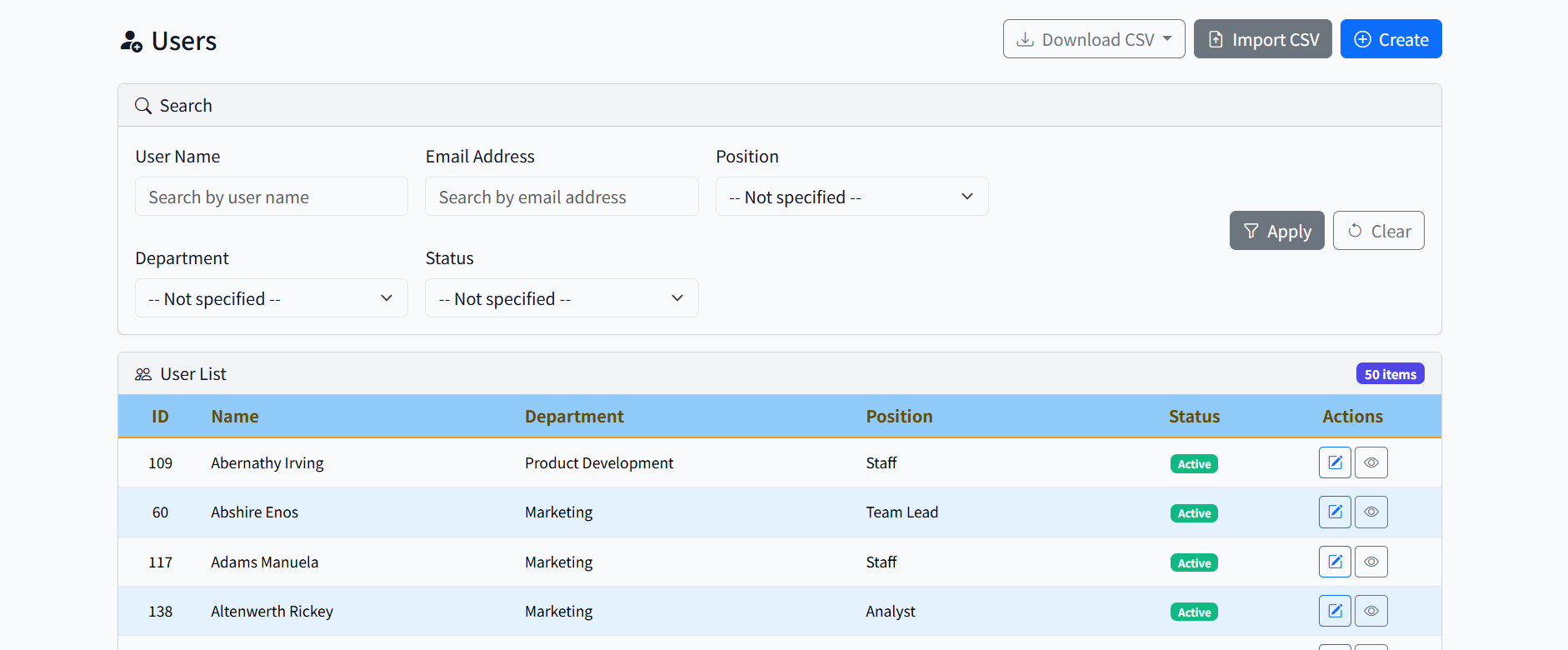 User List - Search and filter users